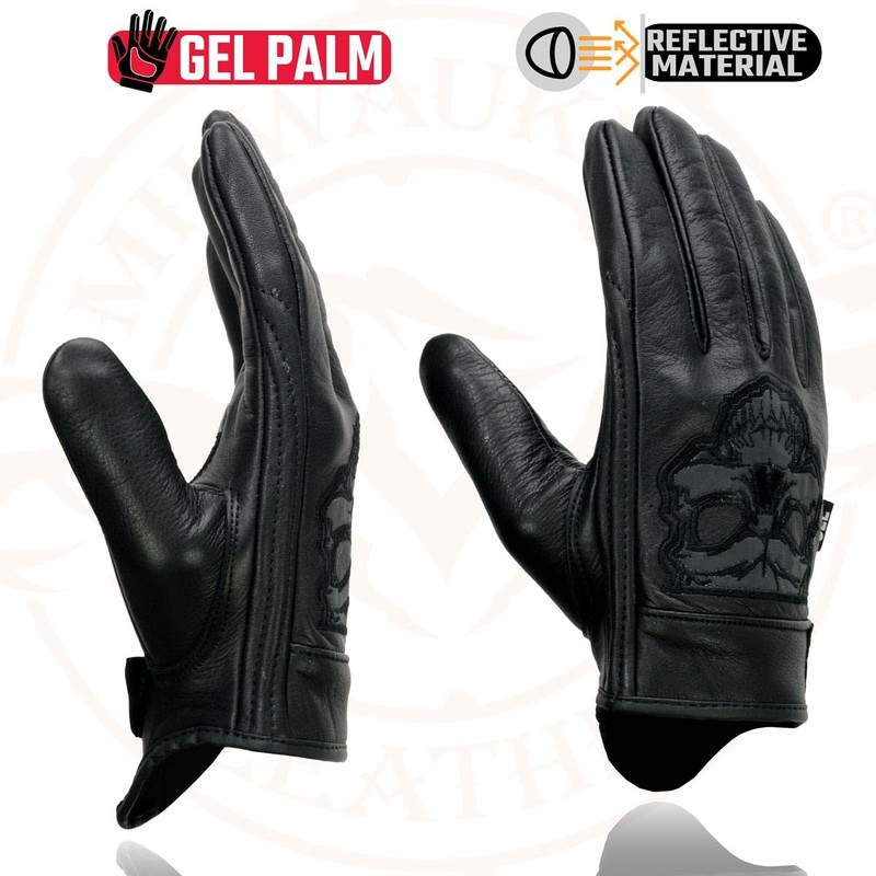 Men's Leather Motorcycle Glove w/Reflective Skull Design & Gel Palm