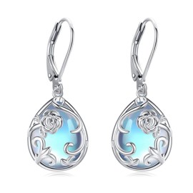SHEAISRS Flower Moonstone Earrings 925 Sterling Silver Teardrop Dangle Hypoallergenic Leverback Earring for Women