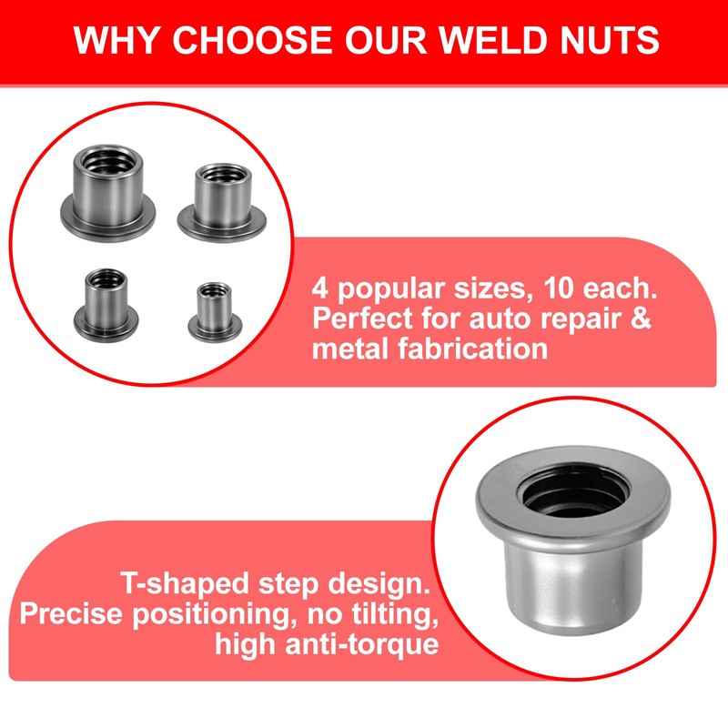 40pcs T-Shaped Weld Nuts, 4 Sizes 1/4"-20 5/16"-18 3/8"-16 1/2"-13