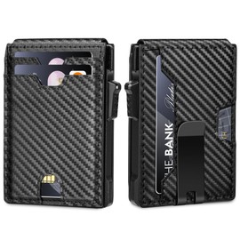 Vandz Minimalist Wallet for Men,Slim RFID Blocking Bifold Wallet Credit Card Holder Aluminum Pop-Up Card Case with Money Clip (Carbon Fiber Black)