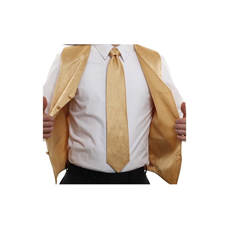 Vesuvio Napoli Men's Paisley Design Dress Vest & NeckTie GOLD