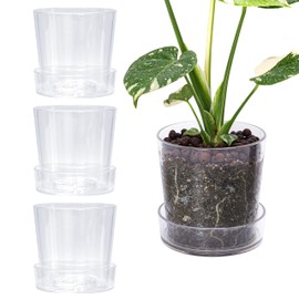 Phoenix Vine 6.5 Inch Clear Acrylic Planter Pot with Tray, Orchid Pot with Drainage Holes, Deep Saucer for Bottom Watering, Transparent Containers for Indoor Plants, Herbs, Set of 4, 91-A-F-4