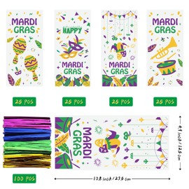 100 Pcs Mardi Gras Gift Bags, Mardi Gras Decorations Goodie Bags, 4 Design Mardi Gras Party Cellophane Treat Bags for Home Carnival Party Favor Table Decor and New Orleans Masquerade Party Supplies