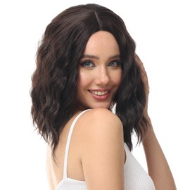 Luxiremi Wig, brown, short hair wigs, synthetic, 35 cm, adjustable, middle part, lace, front, curly, wavy wigs for women
