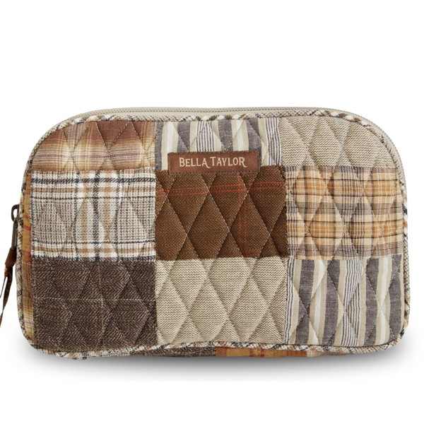 Bella Taylor Large Quilted Cotton Makeup Pouch for Women, Travel Cosmetic Bag, Quilted Cotton Rory Tan and Brown Patchwork