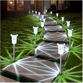 ELEPHANTBOAT®10Pcs Solar LED Pathway Lights 14'', Stainless Steel Solar Lawn Stake Lamps with Acrylic Shade, Geometric Starburst Projection, Auto On/Off, Garden Lights for Walkway, Yard, Patio