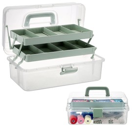 BTSKY 3-Layer Clear Plastic Dividing Storage Box Craft Organizer and Storage with Adjustable Spacers Portable Handled Art Supply Organizer Multipurpose Home Utility Box Sewing Organizers (Haze Green)