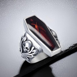 Vintage Vampire Coffin Ring for Men Red Enamel Casket Stainless Steel Gothic Skull Rings Size 8-13 - Style: Style A, Ring Size: 12