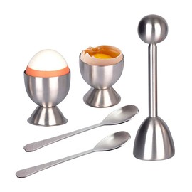 Lichi 2 Egg Cup Holders, 2 Egg Epoons and 1 Egg Topper, Stainless Steel Soft Boiled Egg Cup Tableware Egg Cup Storage Holder for Restaurant, Home, Kitchen