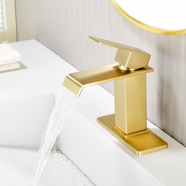 Waterfall Bathroom Faucet, Modern Single Handle Bathroom Faucets for 1 or 3 Hole Bathroom Sink Faucet Brushed Gold Vanity Washbasin Faucet Lavatory Mixer Taps with Pop-up Drain and Supply Hoses