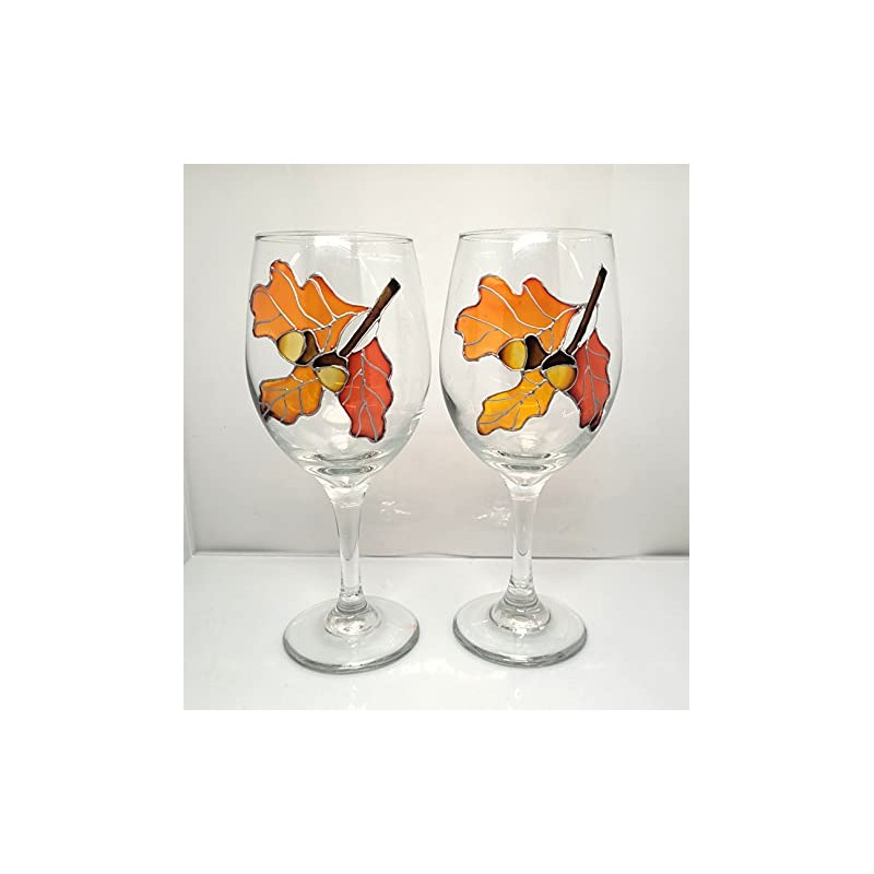 Oak Leaves Acorns Hand Painted Wine Glasses Set of 2
