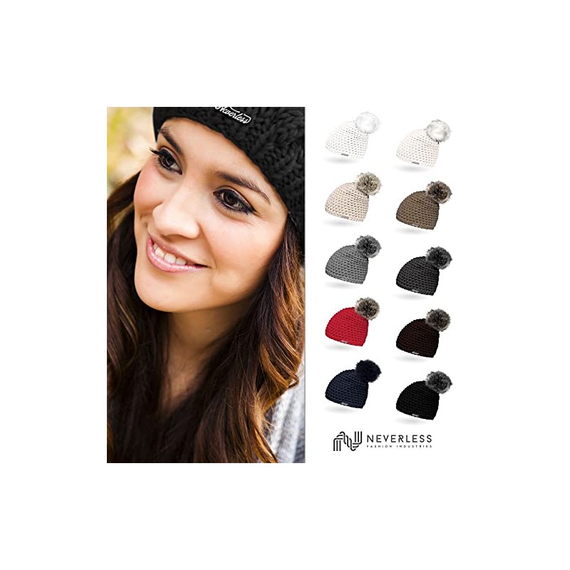 Ladies Faux Fur Knitted Hat with Fur Bobble and Fleece