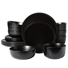 Gibson Elite James Street Stoneware Matte Reactive Double Bowl Dinnerware Set - Pepper Black, Service for 4 (16pcs)