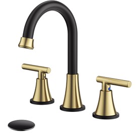 Bathroom Faucets for Sink 3 Hole, Hurran Black& Gold Bathroom Sink Faucet with Pop-up Drain and Supply Lines, Stainless Steel Lead-Free Widespread Faucet for Vanity RV Farmhouse Sink