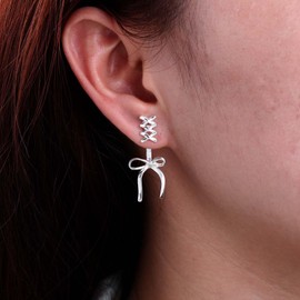 Cybche Bow Ear Jacket Earrings Silver Bowknot Dangle Earrings Vintage X Shaped Bow Ribbon Front Back Earrings Tiny Bow Tie Earrings Jewelry for Women