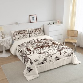Wild West Comforter Set Twin Cowboys Bedding American Western Desert Hunting Horse Riding Bedding Comforter Sets For Man Teens Boy Hand Drawn Illustration Mountain Cactus Bedroom Decor Duvet Insert