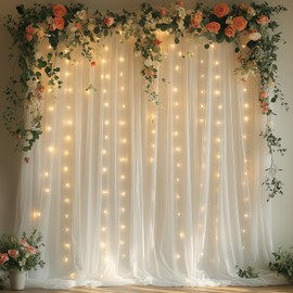 EaziCozi White Tulle Backdrop Curtain with Lights String - 10x10ft Sheer Backdrop with 300 LEDs for Wedding, Baby Shower, Bridal Shower, Birthday Party Photo Shoot Background and Home Decorations