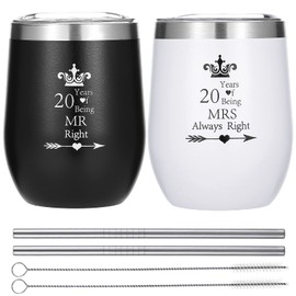 HLIKEM Pack Of 2 Wine Tumbler 20 Years Mr Right Mrs Always Right 20th Wedding Engagement Anniversary Cups for Couple Parents Stainless Steel Insulated Wine Glass with Straws and Brush