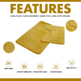 Lions Bath Mat Sets 2 Piece - Jacquard Greek Key Pattern Bathroom Toilet Rugs, Microfiber Bath Mats Pedestal Set, Super Soft Extra Absorbent Bathmat, Ochre