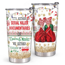 20oz Christmas Tumbler With Lid Horror Christmas Gifts For Women Girls Sister Bestie Friends BFF - Horror Movie Cup It's Either Serial Killer Documentaries Or Christmas Movie Watching Mug
