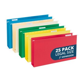 25 Blue Summit Supplies Legal Size Hanging File Folders - Assorted Colors, 2" Expansion, Legal Hanging File Folders for Filing Cabinet, 9.5" x 14.75", 11PT Paper Stock with Tabs and Inserts Included