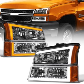 Stehlen 642167827085 Compatible With 2003-2006 Chevy Silverado / 2007 Classic / 2002-2006 Avalanche Switchback Sequential LED Strip Bar Headlights With Signal Bumper Lights Amber 4 Pieces v2 - Chrome