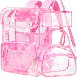 ZLYERT 3PCS Clear Backpack, Heavy Duty See Through PVC School Bookbag with Lunch Box, Large Stadium Approved Transparent Backpacks for Girls Women - Pink Love