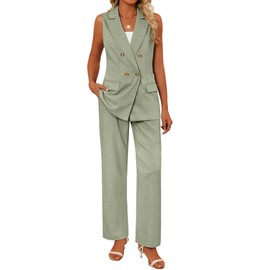 Riyiper Women Suits 2 Piece Sets Button Lapel V Neck Sleeveless Blazer Vest and Wide Leg Pants Suit Matching Outfits(Grass Green,Large)