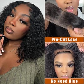 BELIANA Glueless Wigs Human Hair pre plucked Pre Cut Short Curly Bob Lace Front Wigs for Black Women 5x5 Lace Closure Glueless Wig with Elastic Band for Beginners 10 Inch