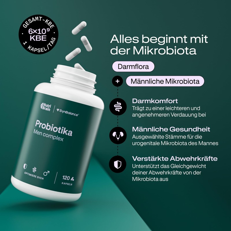 Probiotika für Männer | Hochdosiert 6 Mrd KBE–120 magensaftresistente Kapseln