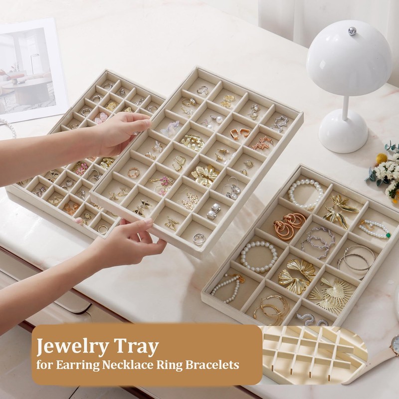 KATISYIO Large Velvet Jewelry Drawer Organizer Trays Set of 4