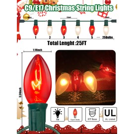 C9 Christmas Lights, 25FT Christmas C9 String Lights with 26 Red White Bulbs, Hanging Christmas Decoration Lights for Outdoor Patio Party Garden Yard-Green Wire