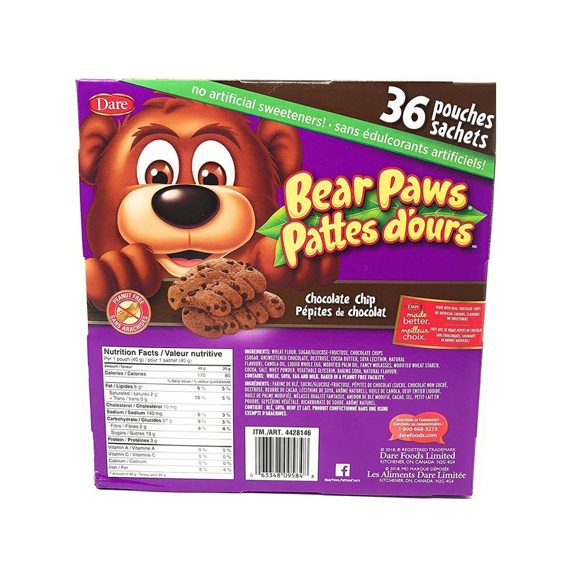 Dare Bear Paws Chocolate Chip Cookies, 36packs, 1.44kg/3.2lbs