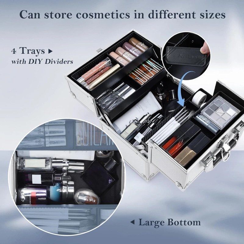 Frenessa Portable Makeup Train Case Organizer with Lock 4 Trays