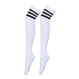 Bestjybt Women Long Thigh High Socks Cotton Warm Over the Knee High Leg Warmers Boot Socks with Stripes (White-Stripe)