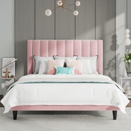 SHA CERLIN Full Bed Frame/Velvet Upholstered Platform Bed Frame with Headboard/Strong Wood Slats Support/Mattress Foundation/No Box Spring Needed - Pink