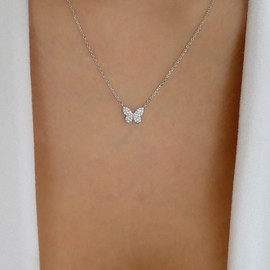 Inateannal Boho Crystal Butterfly Choker Necklace Rhinestone Butterfly Pendant Necklace Silver Cz Butterfly Chain Necklace Minimalist Butterfly Necklace Jewelry for Women and Girls