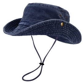 Unisex Cotton Boonie Hat Summer Outdoor Packable Fishing Bucket Hat Beach Sun Hat with String for Women Men (US, Alpha, One Size, Retro Dark Blue)