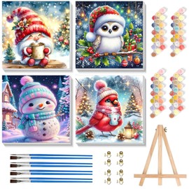 4 Pack Christmas Paint by Number for Kids with Wooden Frame, Paint by Numbers for Kids Xmas Ages 4-8-12, Easy Cardinal Gnome Snowmen Owl DIY Acrylic Oil Painting Kits for Home Wall Decor (8X8 inch)
