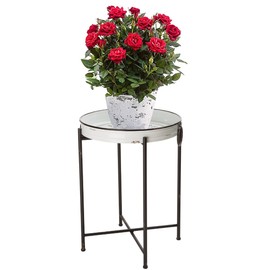 glitzhome 24.4" H Farmhouse Metal Plant Stand for Flower Pot with Removable Round Tray, Rustproof Waterproof Garden Container, Folding Enamel Coffee Sofa End Table for Home Garden Patio Plant Lovers