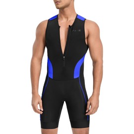 Santic Men's Triathlon Suit Sleeveless Skinsuit Padded Quick-Dry Swim Bike Run with Pockets,Black/Blue,2XL