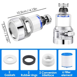 Water Filter Tap Filter Pack of 2 Water Filter Reusable with Extra 6 PP Cotton Filter Element, 360° Rotatable Tap Water Filter with 3 Adjustable Water Release Modes for Kitchen and Bathroom