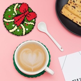 JSRQT Christmas Punch Needle Coaster Kit for Adults Beginners Drink Coasters Crafts Needle Coaster Christmas Gift DIY Needle Punch Craft Embroidery Kit 2 Pieces Car Coasters Punch Needle Tools Kits