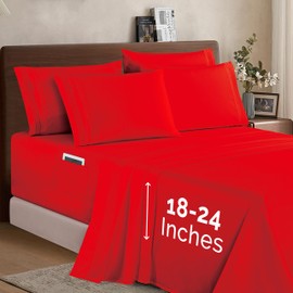 Elegant Comfort 1500 Premium Quality 6-Piece Bed Sheet Set - 18-24 Inch Extra Deep Pocket, Smart Storage Pockets, Wrinkle Free Ultra Soft 6PC Extra Deep Pocket Sheets, California King, Red