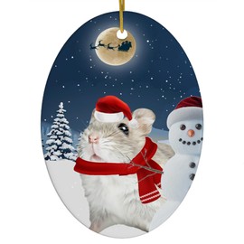 Festive Winter Night Pet and Snowman Ornament - Djungarian Hamster Christmas Ornament 2025 Oval Ceramic - Funny Holiday Xmas Tree Decoration Gifts for Hamster Lovers