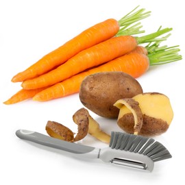 Vegetable Peeler with Brush – Kitchen Discovery – Ergonomic Veggie Peeler with Scrubber Brush for Easy Peeling and Cleaning – Built-in Brush Lifts Soil and Dirt and Helps Remove Waxy Coatings