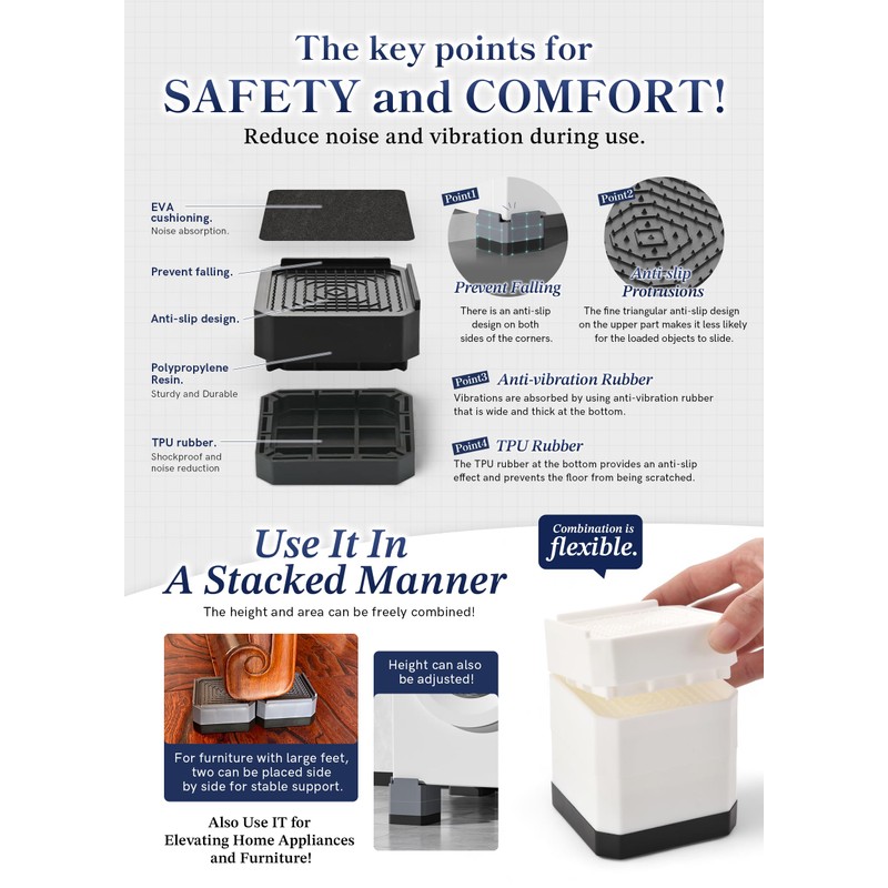 Adjustable Bed Risers 3.6&5.3 Inch, 4000 lbs, 4 Middle Pack