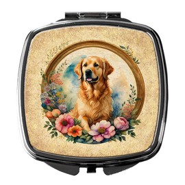 Caroline's Treasures Golden Retriever and Flowers Compact Mirror Decorative Travel Makeup Mirror for Women Girls Gifts Pocket Makeup Mirror Folding Handheld