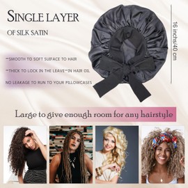 Satin Bonnet Silk Bonnet for Sleeping Women Hair Bonnet Night Sleep Cap Satin Hair Bonnets with Tie Band Large Size Hair Cap for Thick Curly Hair Braid (Black)