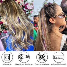 47" Holographic Hair Tinsel Shining Gold Professional Sparkle Heat-Resistant Silk Extensions, Easy to Apply, Hair Accessories for Girls, Party Hair, Gifts for Girls (1000 Strands, Shining Rainbow)